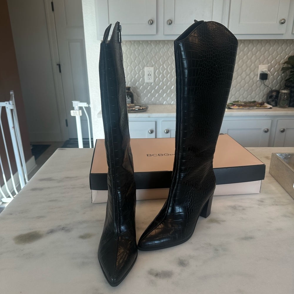 BCBGenerarion Black Croc Embossed Knee-High Boots